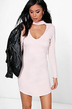 Boohoo Cait High Neck Curved Hem Bodycon Dress
