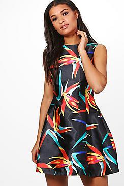Boohoo Charlotte Satin Tropical Print Skater Dress