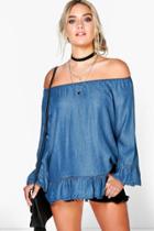 Boohoo Hollie Off The Shoulder Frill Denim Top Blue