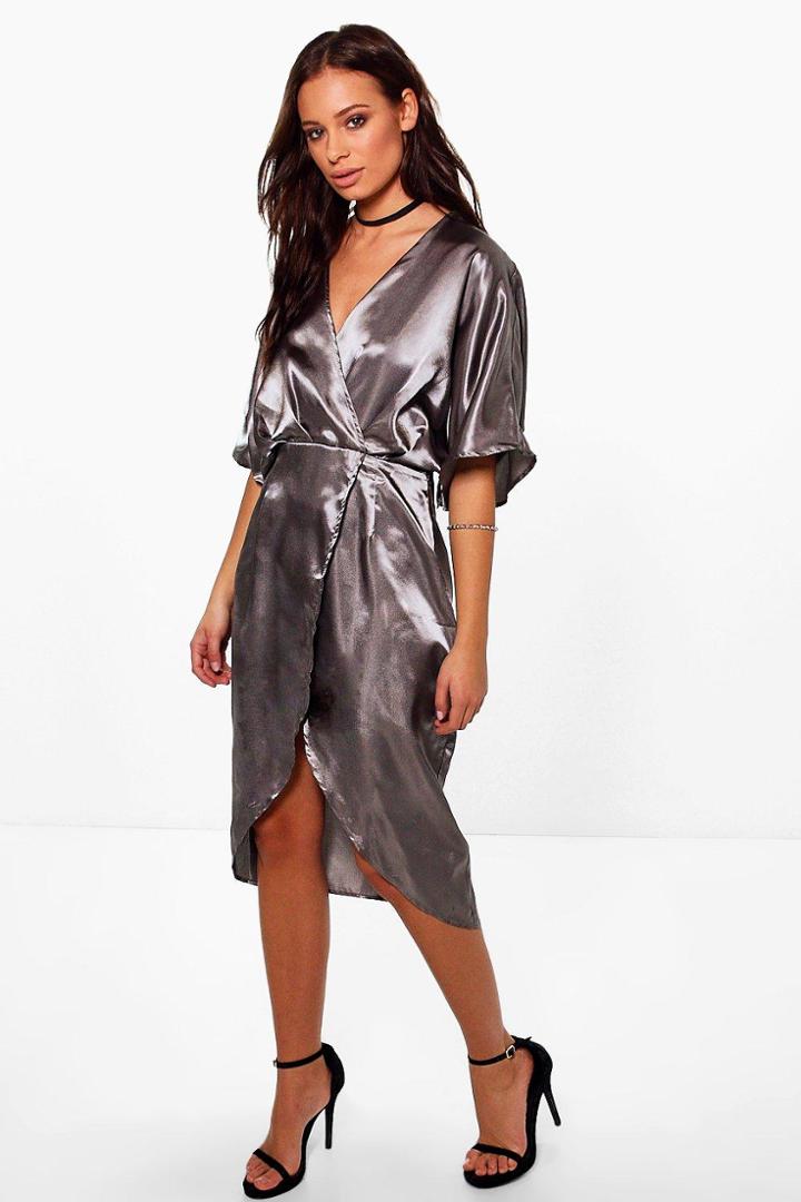 Boohoo Aly Satin Wrap Drape Kimono Sleeve Midi Dress Smoke