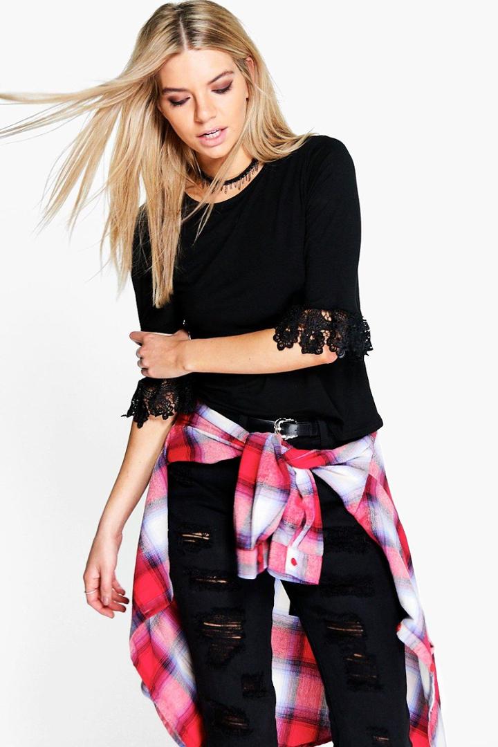 Boohoo Ivy Crochet Trim 3/4 Sleeve Top Black
