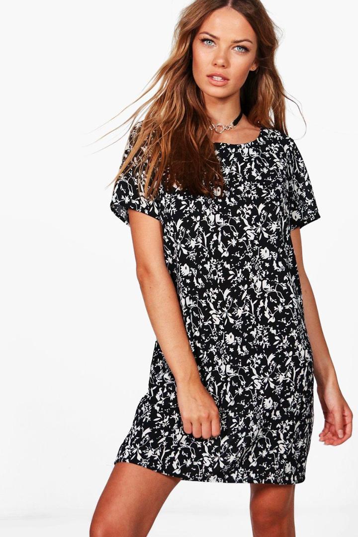 Boohoo Zoe Monochrome Floral Shift Dress Black