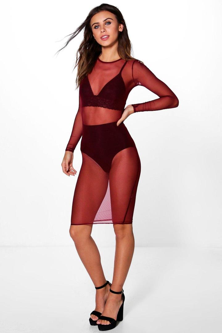 Boohoo Petite Frankie Sheer Mesh Midi Bodycon Dress Wine