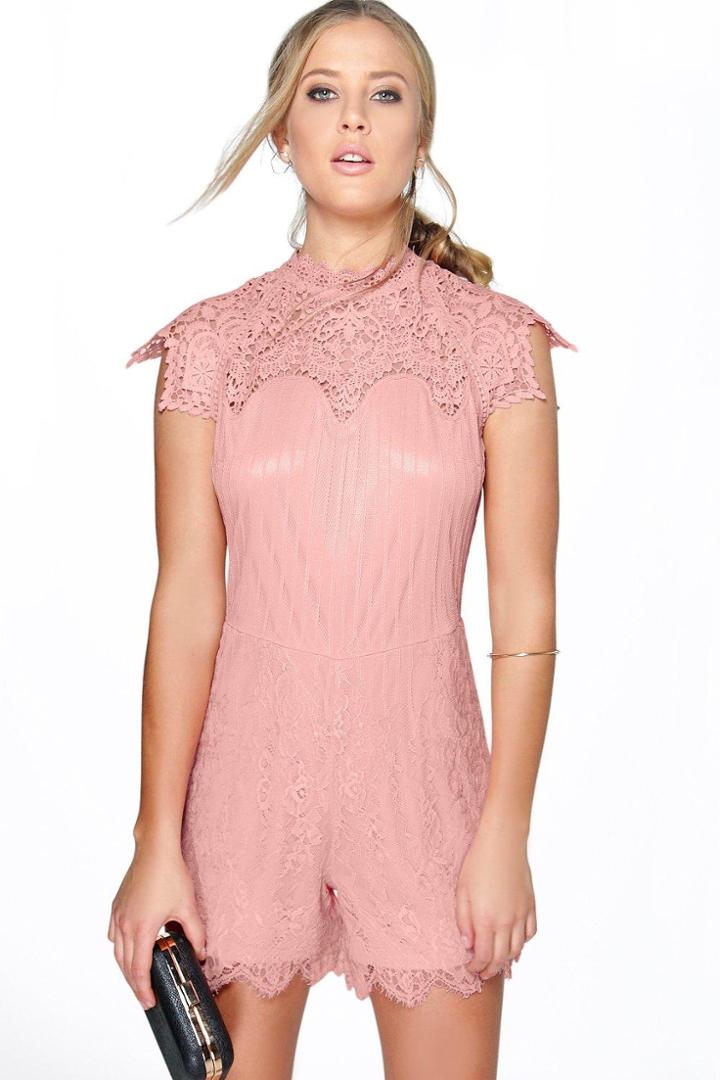 Boohoo Boutique Lola High Crochet Playsuit Blush