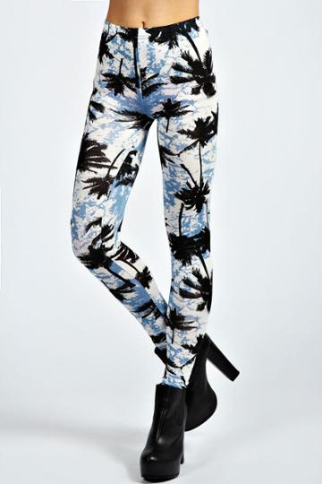 Boohoo Megzhan Palm Tree Print Leggings - Blue