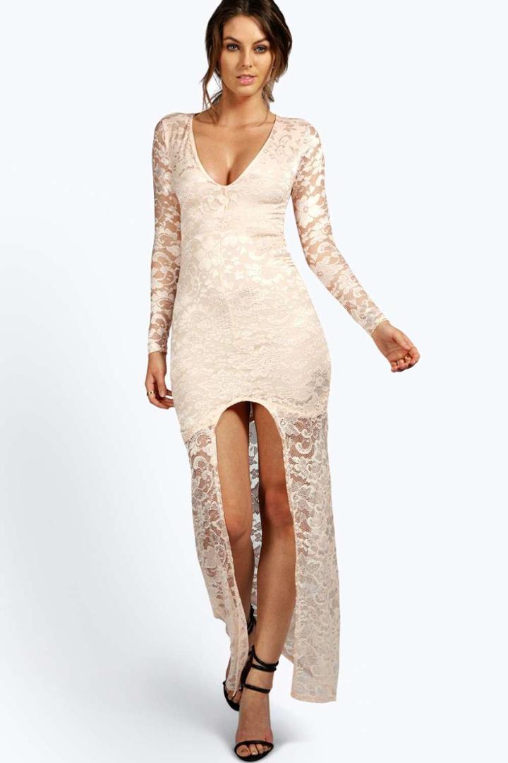 Boohoo Petite Isobel Plunge Neck Lace Maxi Dress Nude