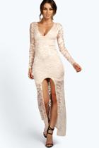 Boohoo Petite Isobel Plunge Neck Lace Maxi Dress Nude