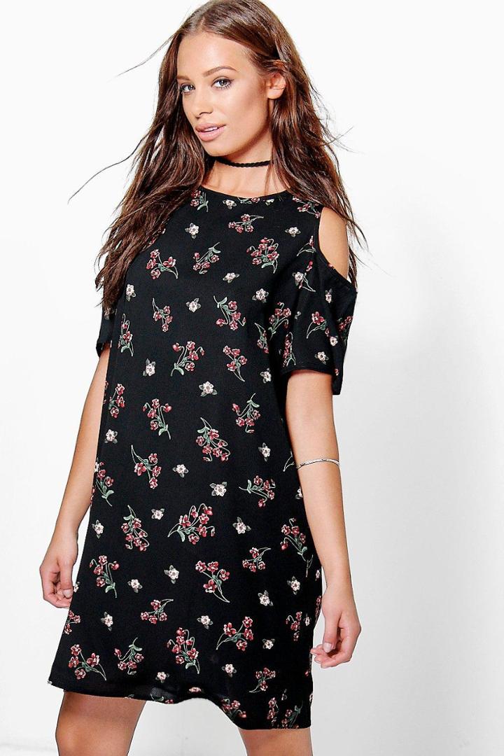 Boohoo Helen Floral Cold Shoulder Shirt Dress Black