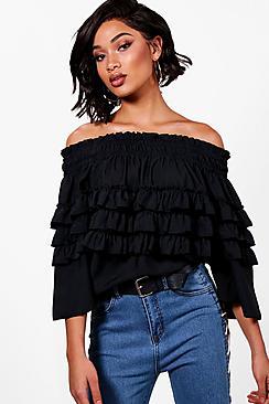 Boohoo Tall Maya Micro Ruffle Off The Shoulder Top