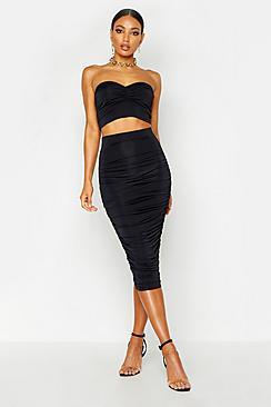 Boohoo Ruched Slinky Midi Skirt