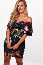 Boohoo Plus Liv Off The Shoulder Frill Floral Bodycon Dress