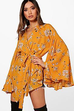 Boohoo Maddie Wide Sleeve Wrap Front Tie Top