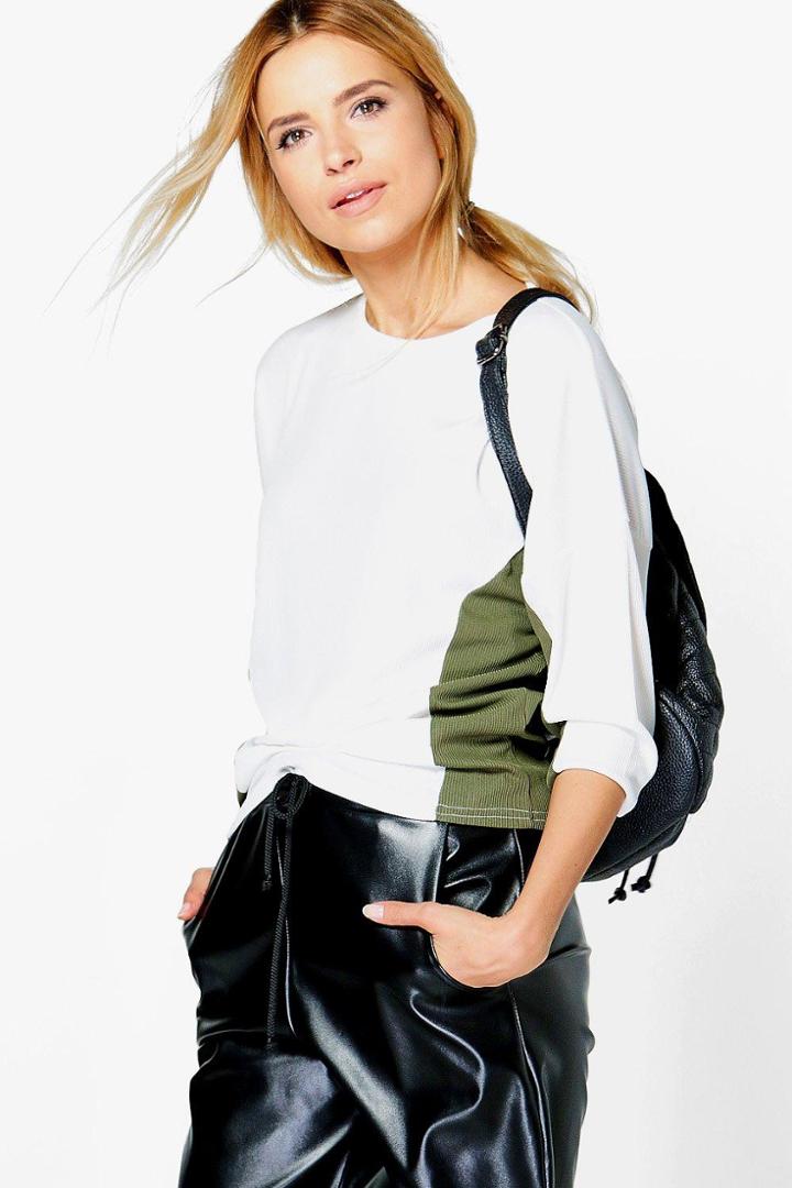 Boohoo Tegan Contrast Rib Batwing Top Khaki