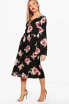 Boohoo Jen Lace Up Front Fluted Sleeve Midi Dress