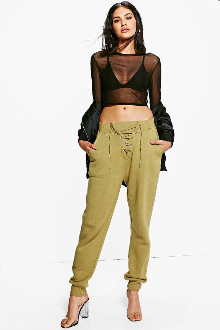 Boohoo Sofia Lace Up Front Sweat Joggers Sage