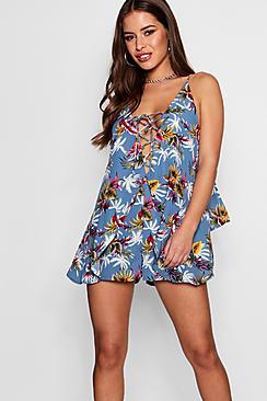 Boohoo Petite Jasmine Palm Print Open Back Woven Playsuit
