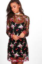 Boohoo Tall Sala Premium Embroidered Mesh Shift Dress Black
