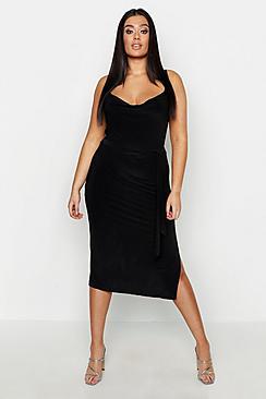Boohoo Plus Cowl Neck Tie Waist Midi Dress