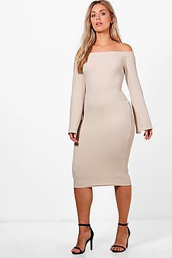 Boohoo Plus India Off The Shoulder Textured Midi Dress