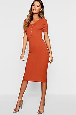 Boohoo Horn Button Half Sleeve Ribbed Midi Dress
