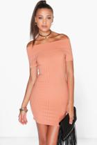 Boohoo Selena Off Shoulder Ribbed Mini Bodycon Dress Apricot