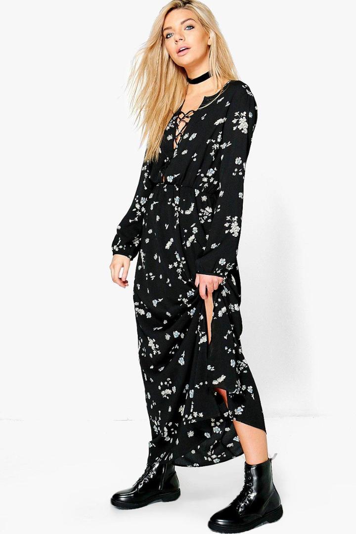 Boohoo Alessa Floral Lace Up Split Front Maxi Dress Black