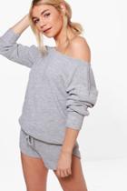 Boohoo Evie Slash Neck Jumper & Short Lounge Co-ord Grey