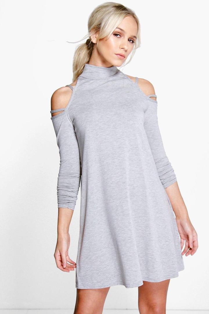 Boohoo Petite Holly Strappy Cold Shoulder Swing Dress Grey