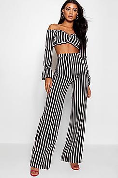 Boohoo Frill Bardot Crop Top & Wide Leg Trouser Co-ord