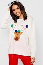 Boohoo Reindeer Applique Jumper With Pom Pom