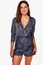 Boohoo Harriet Wrap Over Belted Woven Playsuit Smoke