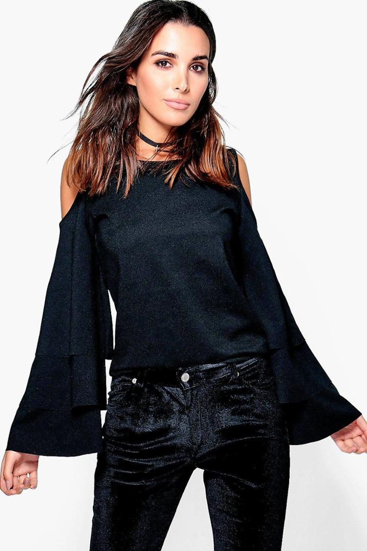 Boohoo Sophia Cold Shoulder Frill Sleeve Top Black