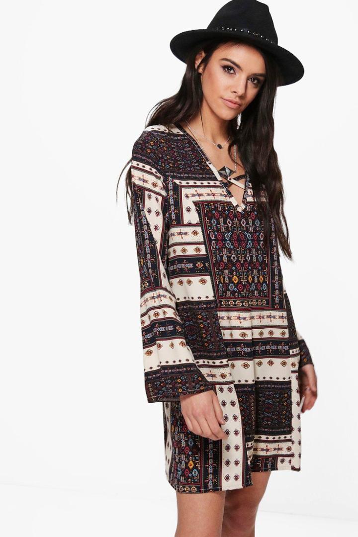 Boohoo Emiko Bohemien Print V Front Shift Dress Multi