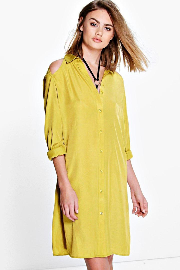 Boohoo Saraza Cut Out Detail Shirt Dress Olive