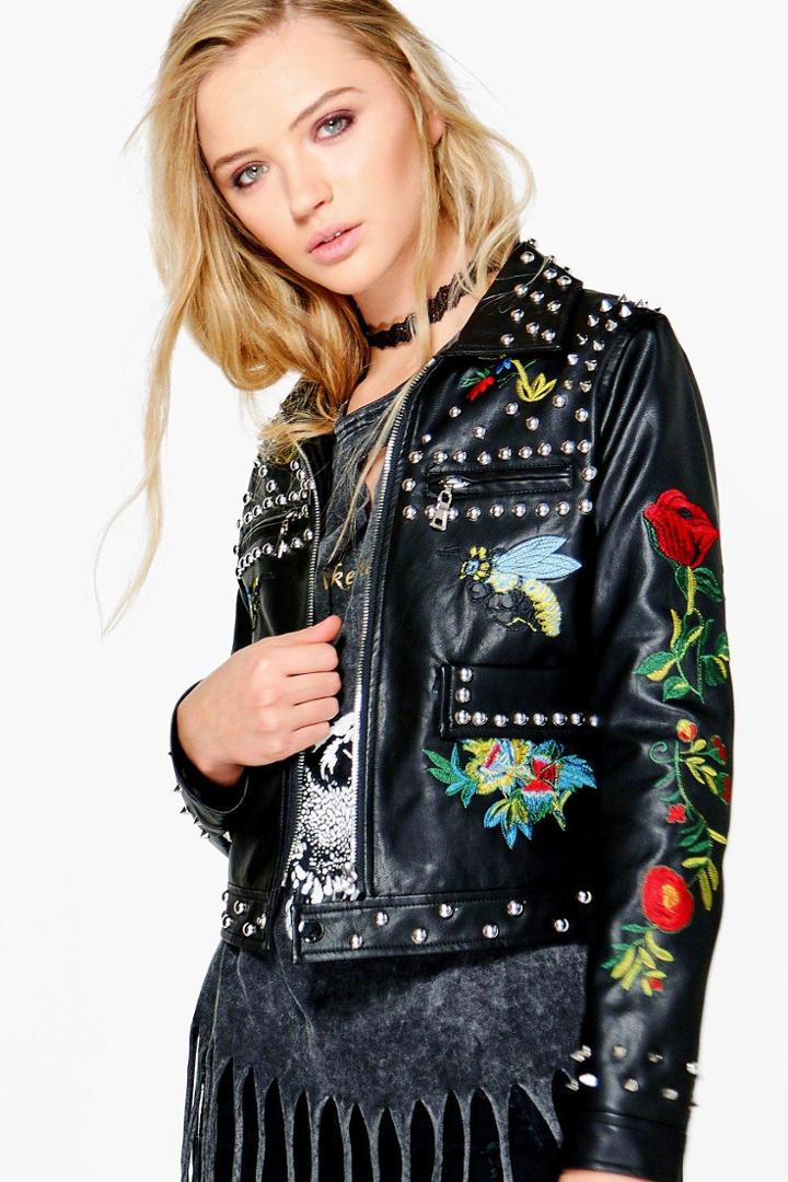 Boohoo Hannah Embroidered Studded Biker Jacket Black