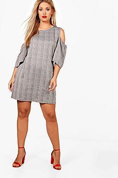 Boohoo Plus Bella Check Open Shoulder Shift Dress