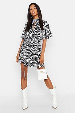 Boohoo Zebra Print High Neck Skater Dress