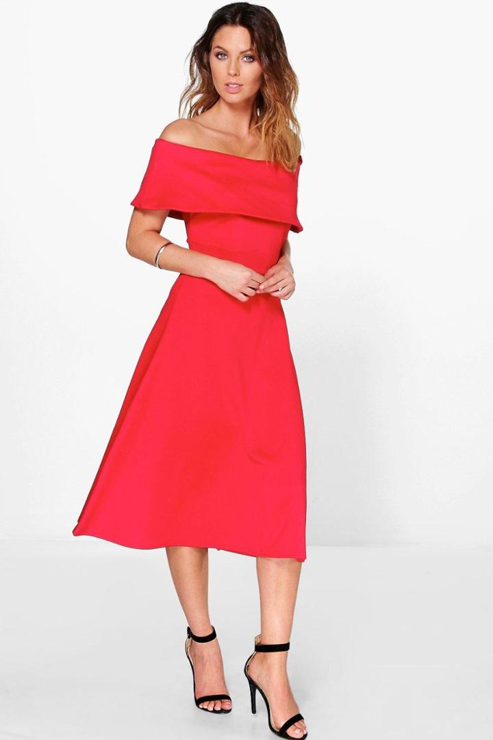 Boohoo Ana Off Shoulder Oversized Midi Skater Dress Red