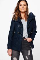 Boohoo Sarah Wool Look Jacket With Faux Fur Hood Lining Navy