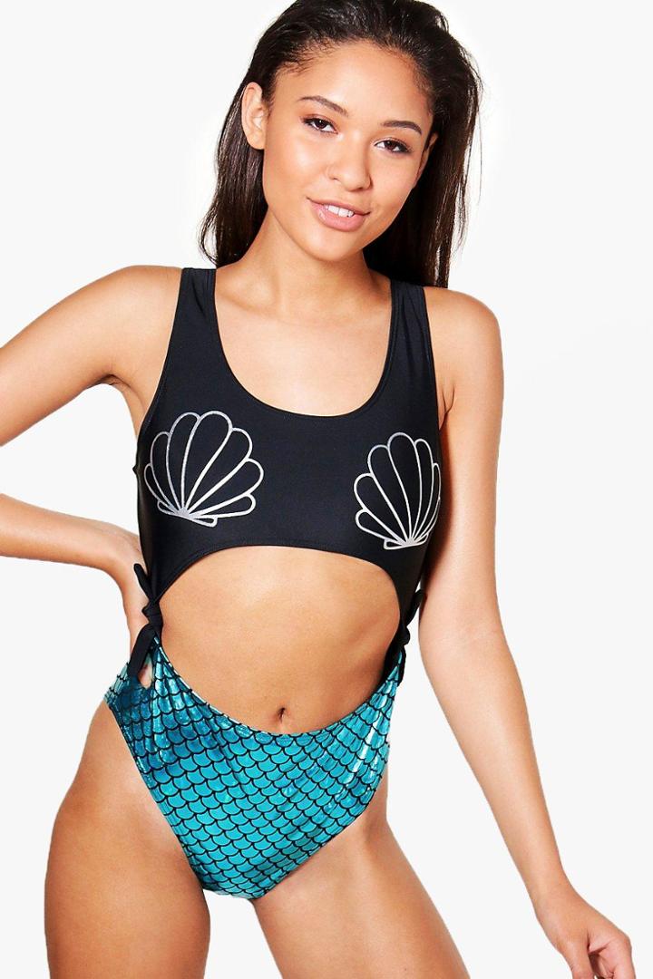 Boohoo Bali Mermaid Cut Out Bathing Suit Blue