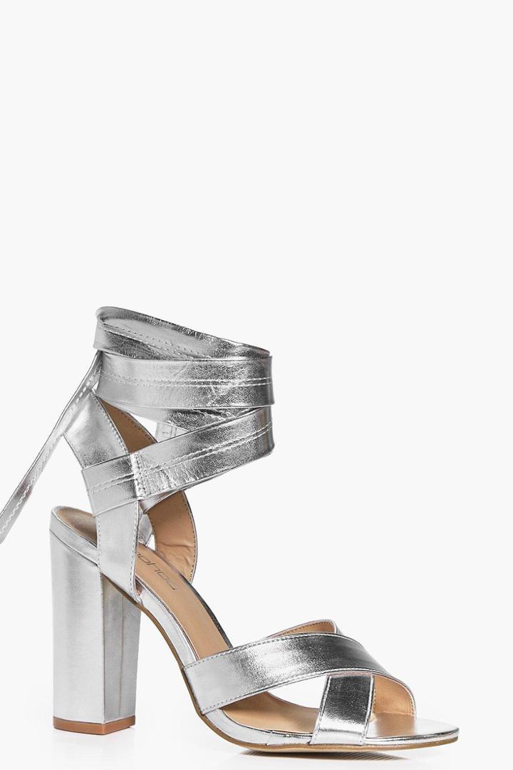 Boohoo Ella Block Heel Cross Front Wrap Strap Silver