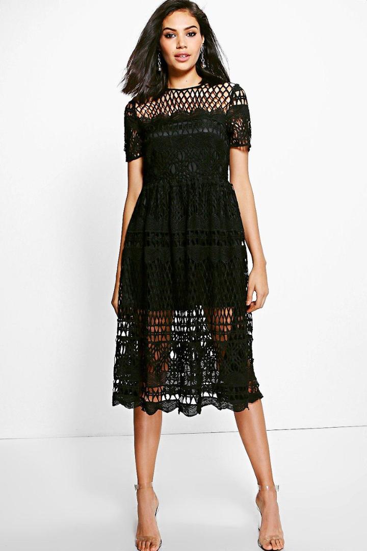 Boohoo Boutique Vi Corded Lace Panelled Skater Dress Black