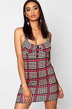 Boohoo Bright Dogtooth Button Detail Mini Dress