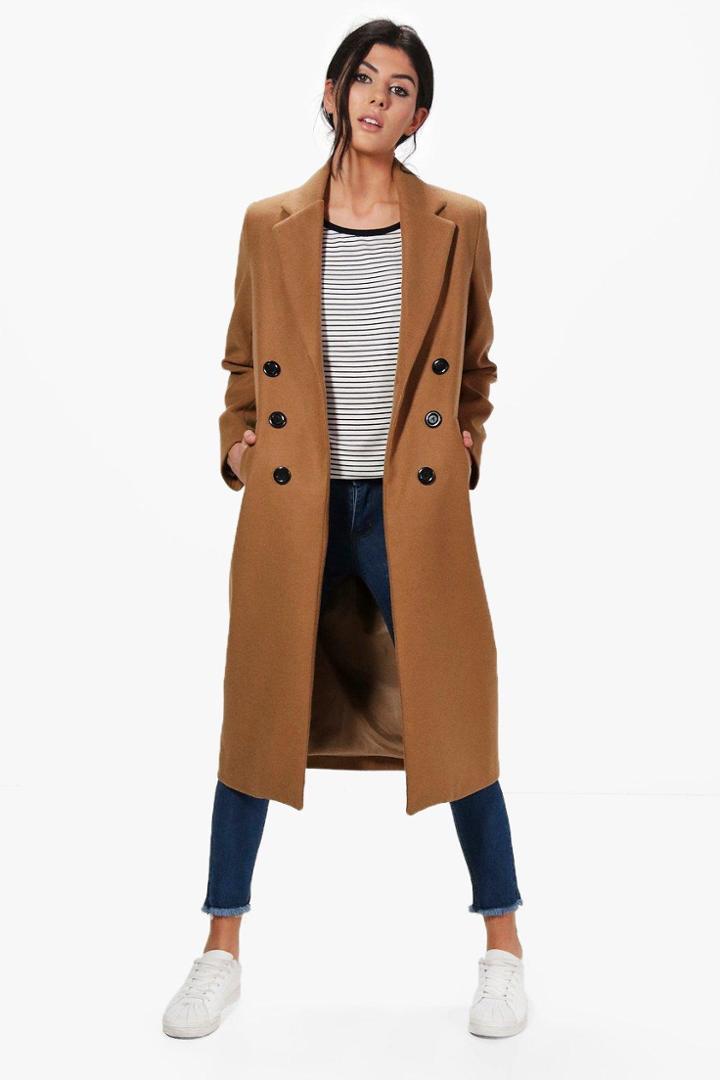 Boohoo Natalia Double Breasted Long Coat Camel
