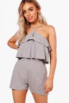 Boohoo Sally Ruffle Cold Shoulder Playsuit Grey