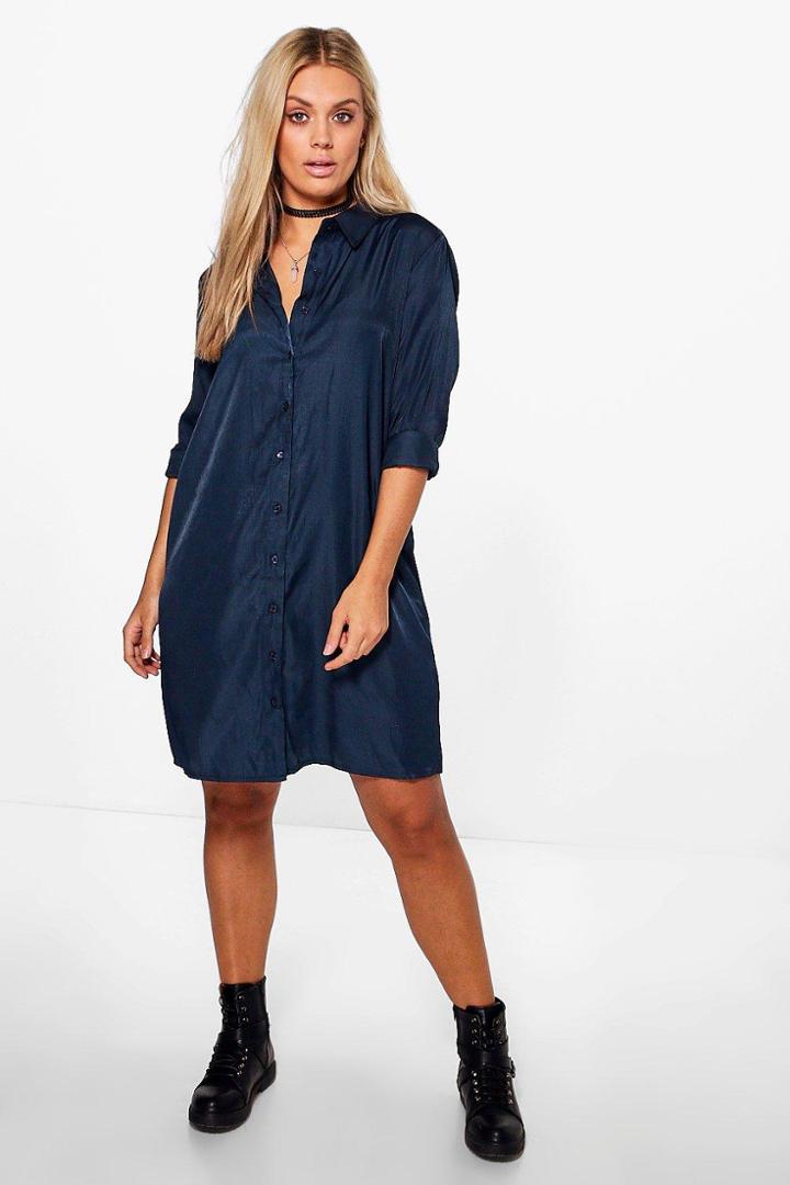 Boohoo Plus Anna Woven Shirt Dress Navy
