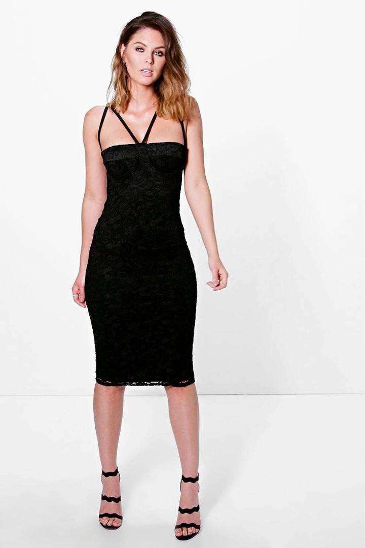 Boohoo Kimberley Strappy Bodice Lace Midi Dress Black
