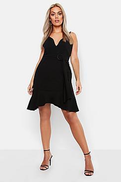 Boohoo Plus Plunge Belted Midi Dress With Ruffe Hem