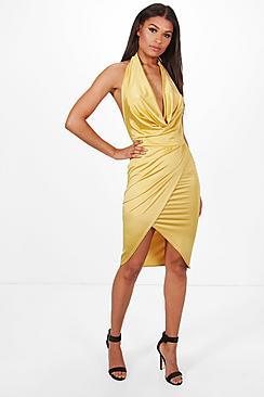 Boohoo Tia Slinky Cowl Neck Wrap Midi Dress