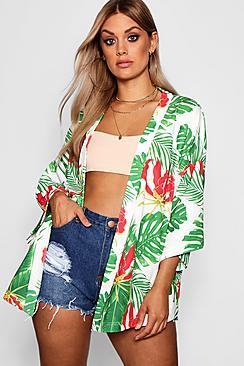 Boohoo Plus Lucie Palm + Floral Print Kimono